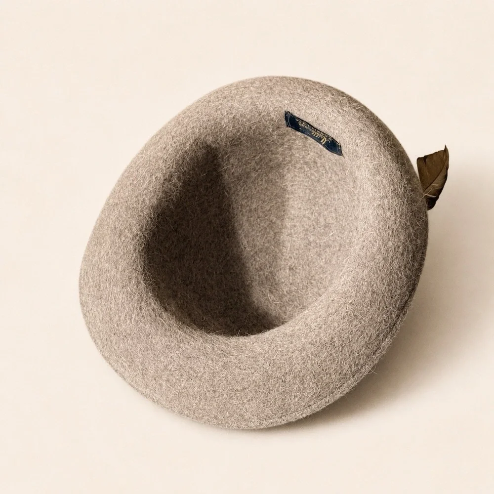 Muhlbauer Wien Wool Felt Hat Taupe Alpine Tyrolean Feather‎ Vintage